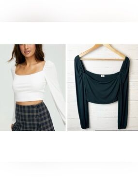Sunday Best Prairie Long Sleeve Crop Top Dark Emerald Green M - Ribbed Modal